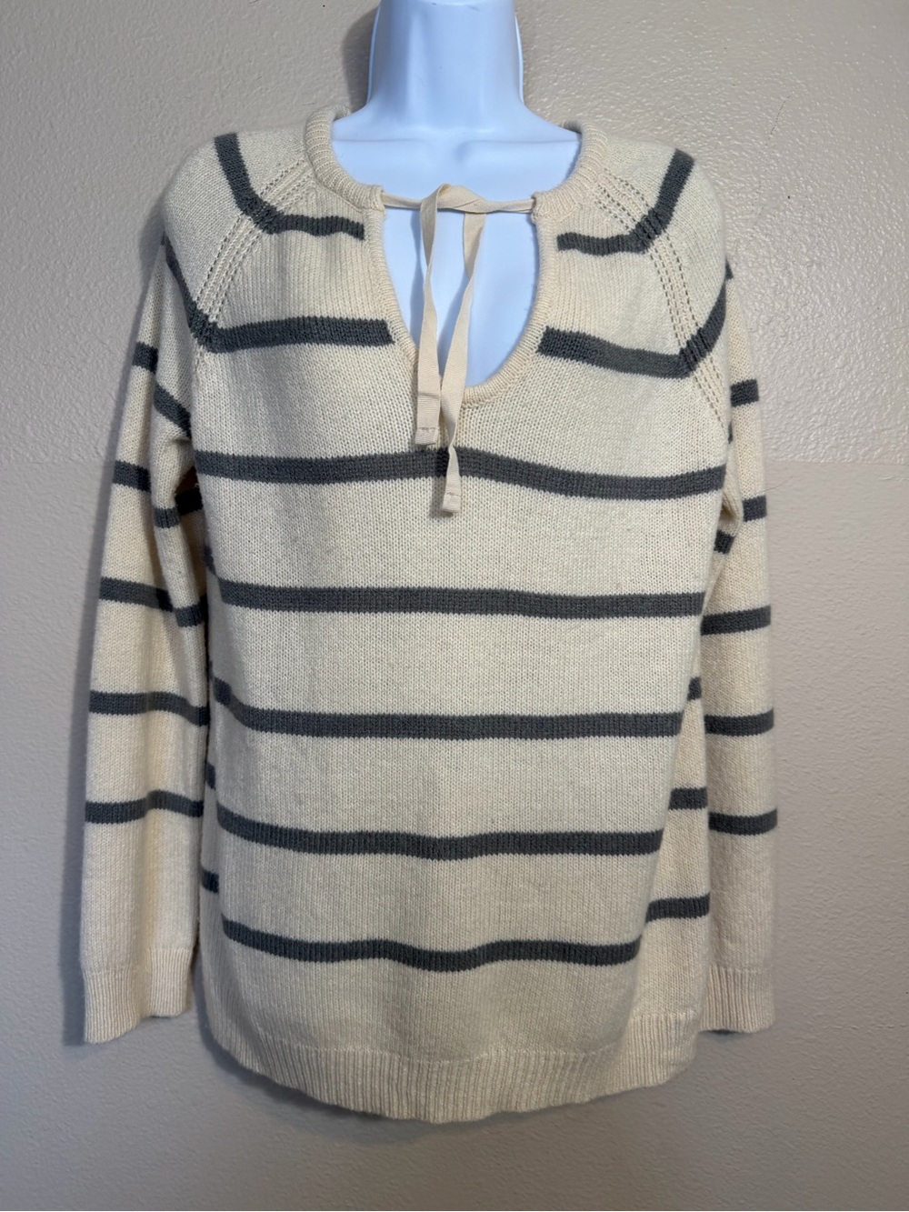 Gap Icon Cream and Gray Striped Tie-Neck Sweater